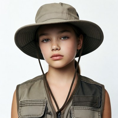 Girl wearing safari hat vest
