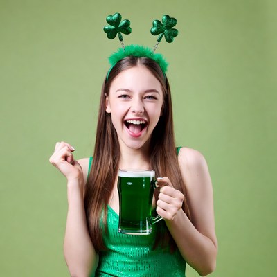 Woman holding green beer shamrock headband