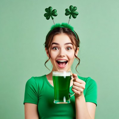 Girl holding green beer shamrock headband