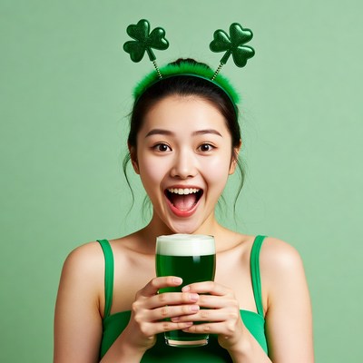 Asian woman with shamrocks holding green beer