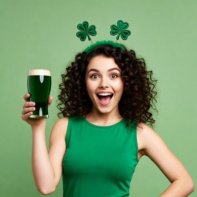 Woman holding green beer shamrock headband