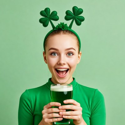Woman holding green beer shamrock headband