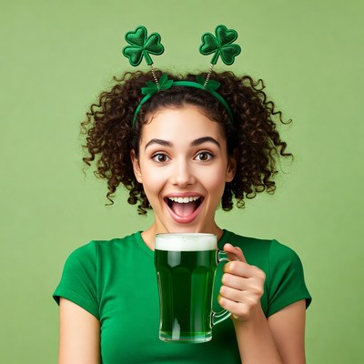 Woman with shamrocks holding green beer