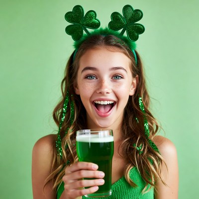 Girl with shamrock headband holding green beer
