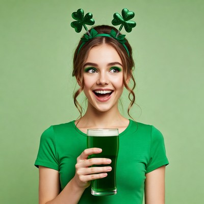 Woman holding green beer shamrocks