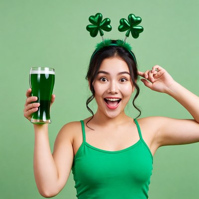 Asian woman with shamrocks holding green beer