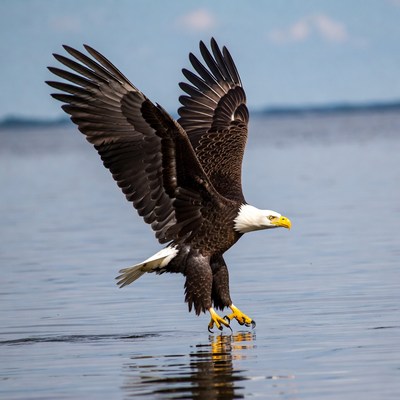 Bald eagle landing on water