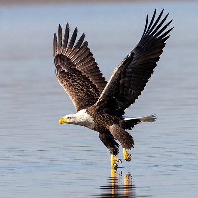 Bald eagle flying over water