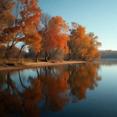 Autumn trees reflecting in calm lake