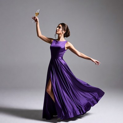 Woman holding champagne glass in purple gown