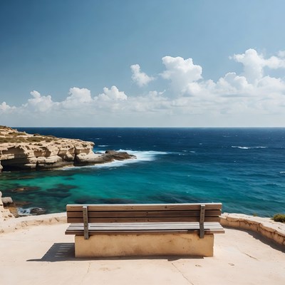Wooden Bench Overlooking Ocean Cliff