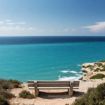 Wooden bench overlooking turquoise sea