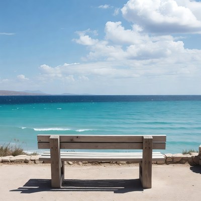 Wooden bench facing turquoise sea