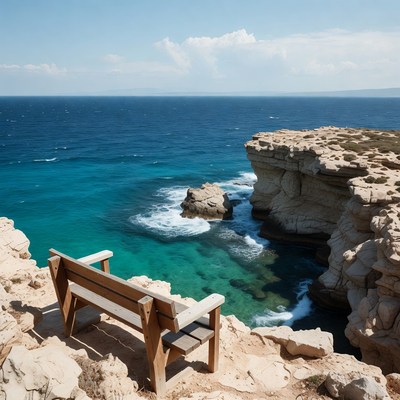 Wooden Bench on Cliff Overlooking Ocean