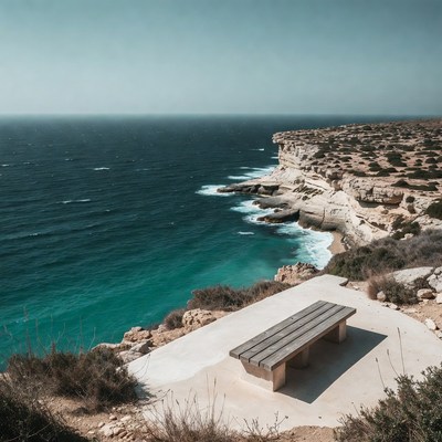 Wooden Bench Overlooking Ocean Cliff