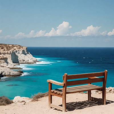 Wooden Bench Overlooking Ocean Cliff