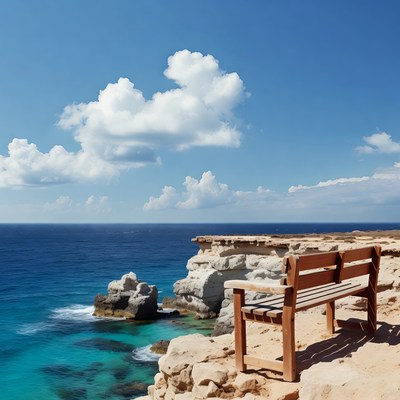 Wooden Bench on Ocean Cliff