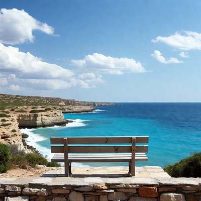Wooden Bench Overlooking Ocean Cliff
