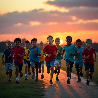 Diverse kids running sunset trail