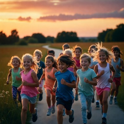 Children running on path at sunset