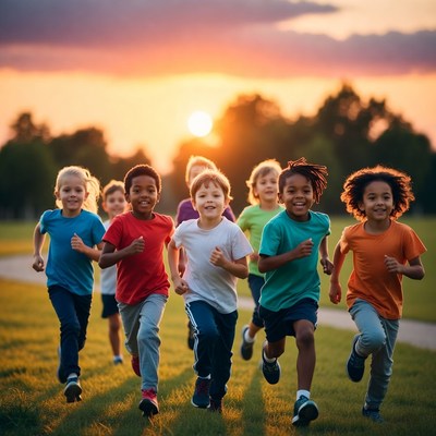 Diverse children running at sunset
