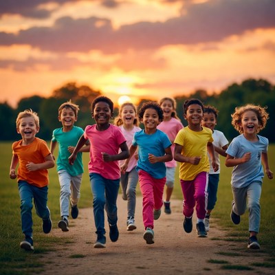 Diverse children running on path at sunset