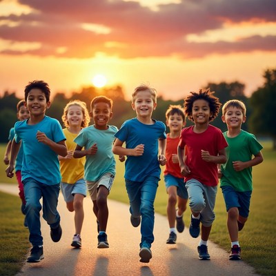 Diverse children running sunset path