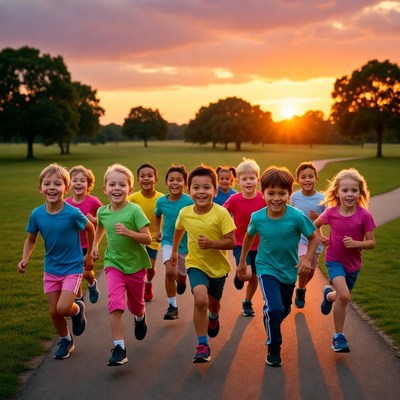 Children running at sunset