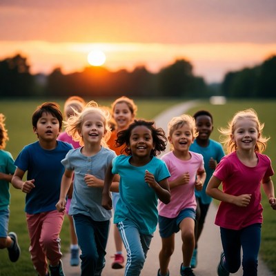 Diverse kids running at sunset