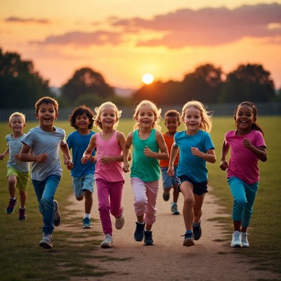 Diverse kids running at sunset