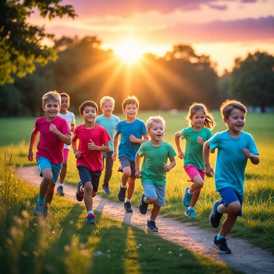 Group of kids running at sunset