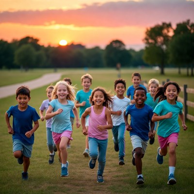 Diverse children running in park sunset