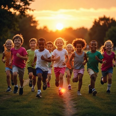 Diverse children running at sunset