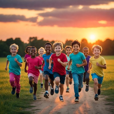 Diverse children running in sunset field