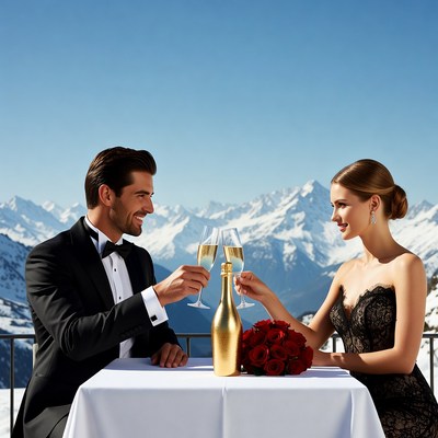 Couple toasting champagne with mountains