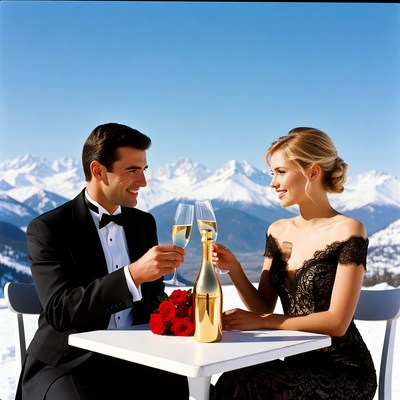 Couple toasting champagne with mountains
