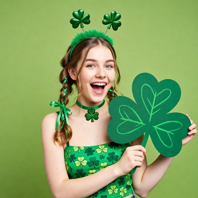 Girl holding shamrock St. Patrick's headband