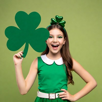 Girl holding large shamrock sign