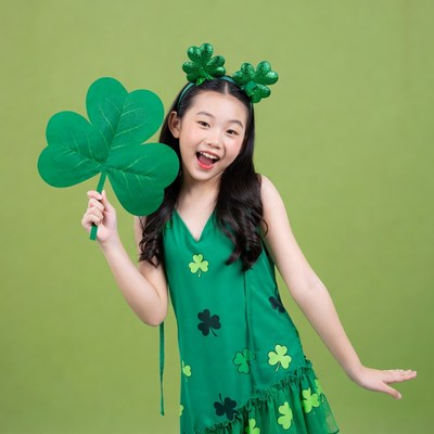 Asian girl holding shamrock St. Patrick's Day