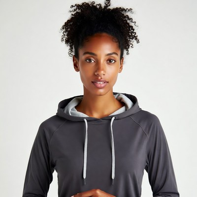 African-American woman in gray hoodie
