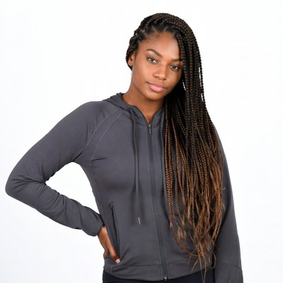 African-American woman in gray hoodie