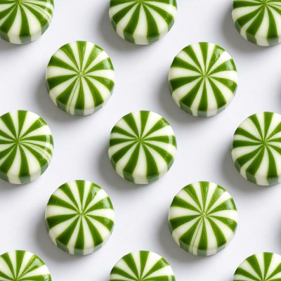 Green striped candies on white background