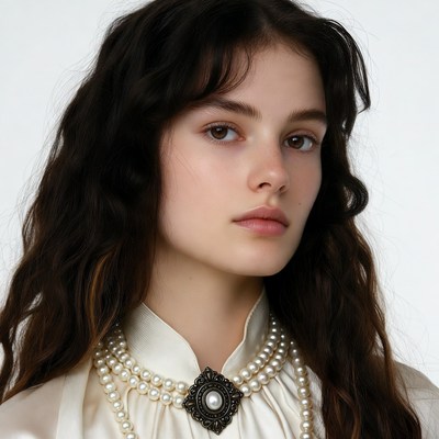 Woman with pearl necklace and brooch