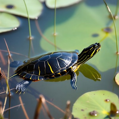 Red-eared slider turtle on lily pads