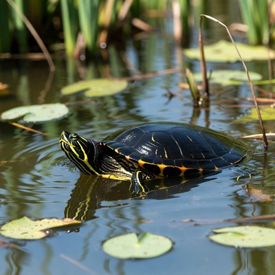 Red-eared slider turtle in pond