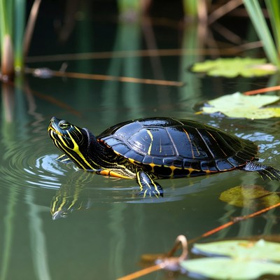 Red-eared slider turtle in pond