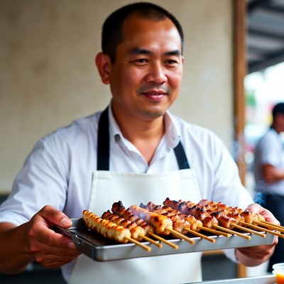 Asian man holding grilled skewers