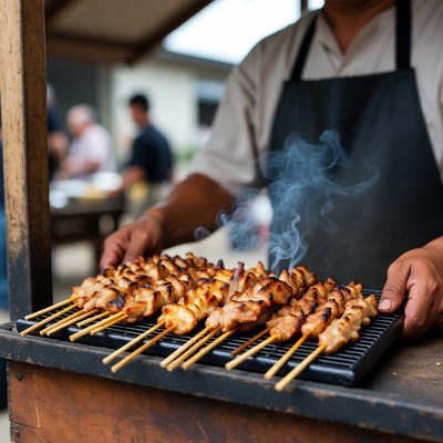Asian man grilling satay skewers