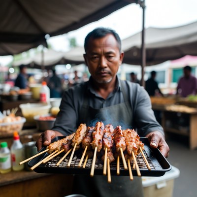 Asian man holding grilled skewers
