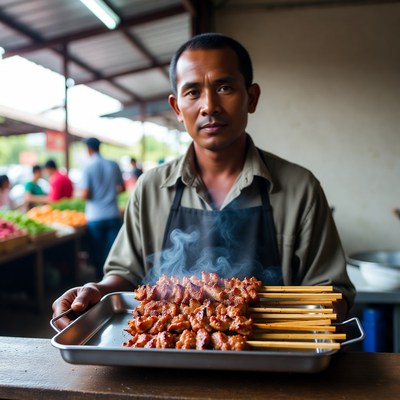 Asian man holding grilled skewers